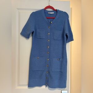 Zara Light Blue Knit Cardigan dress with Gold Button